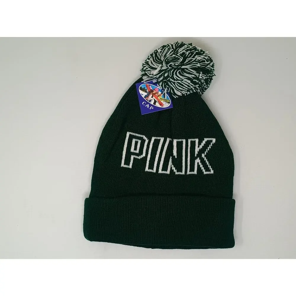 Victoria's Secret PINK Green Beanie Hat with Pom-Pom